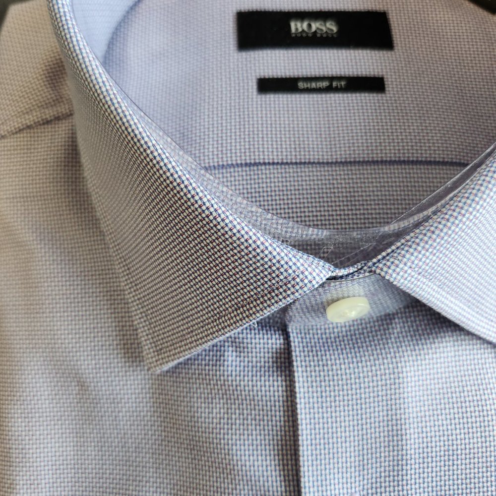 NWT BOSS Men's Marley Check Print Sharp Fit Dress Shirt / BLUE RED / 16L